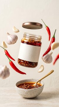 Chili oil jar with floating ingredients, garlic cloves, and red chili peppers, with a bowl of chili crisp and a spoon on a textured surface