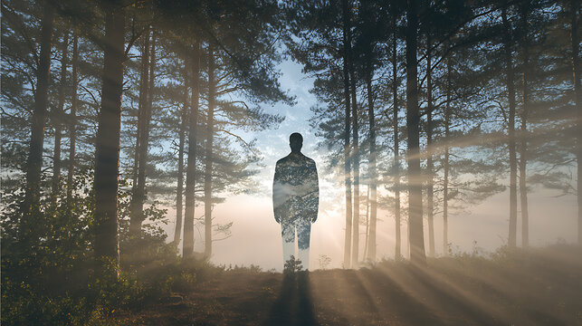 Double exposure silhouette in a sunlit forest, symbolizing mental health, inner peace, self reflection, emotional healing, mindfulness, connection with nature and personal transformation
