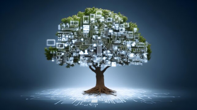 tree with branches made of circuitry and roots extending through a luminous digital landscape