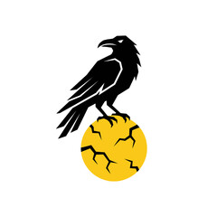 Obraz premium Raven perched on a cracked yellow sphere presents a spooky vector illustration.