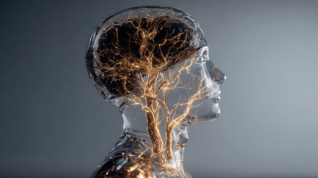 Mental health represented by a transparent human head with glowing neural pathways, symbolizing cognition, emotional wellbeing, consciousness, brain activity, healing, and resilience