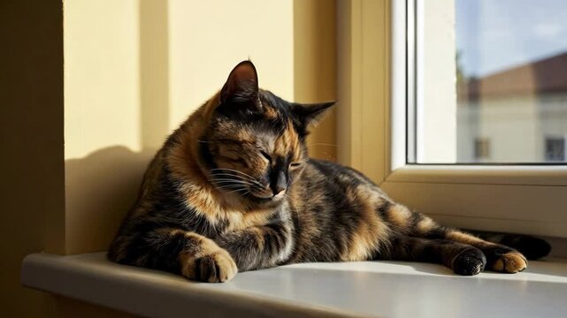 Peaceful tortoiseshell cat relaxing on a sunlit windowsill, enjoying a warm afternoon.