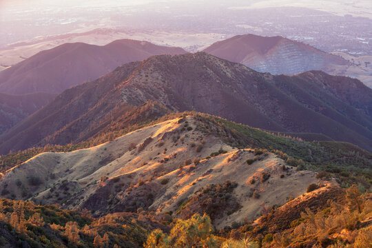 Golden hour view from the Summit of Mt Diablo looking west-northeast down the mountain. Views include Eagle Peak, Black Point, and Mount Zion Querry. Mt Diablo State Park, California.