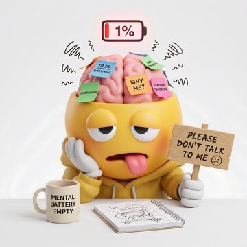 3d render of an exhausted emoji character with a brain exposed, sticky notes on brain, 1% battery icon, and a sign saying please dont talk to me isolated on white background