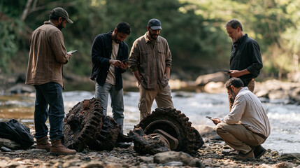 Fototapeta premium Multicultural team of mechanical engineers outdoors beside a running stream photographing corroded iron machinery parts for a national heritage digitization drive, field tablets