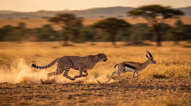 Cheetah Chasing a Deer - A powerful cheetah sprinting after a fleeing deer across dry African grassland, capturing the speed, intensity, and raw survival instinct of wildlife in motion.