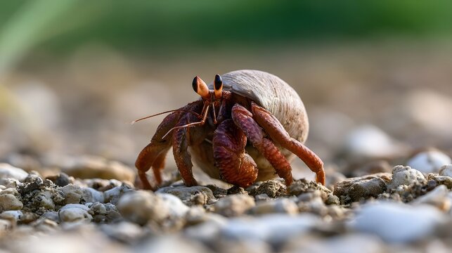 A hermit crab emerges from its shell on a pebbled beach under natural sunlight with soft background blur