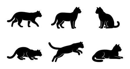 Fototapeta premium Black Cat Silhouettes: Six Vector Poses, Feline Icons for Pet Lovers, Animal Graphics