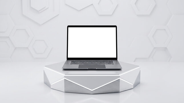 Sleek laptop displayed on a geometric podium in a minimalist white studio, perfect for product showcase.