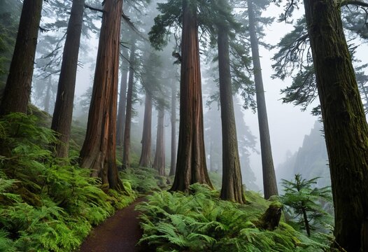 Misty forest path with tall redwood trees and lush green ferns