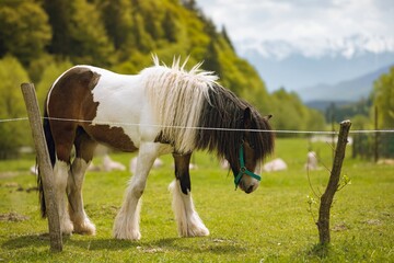 Nestled in a picturesque valley, a strikingly beautiful horse with a flowing mane grazes in a vibrant meadow surrounded by rolling hills and distant mountains, embodying tranquility © Damian