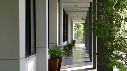 Fototapeta premium A long covered walkway lined with potted plants and modern architectural columns under bright natural light