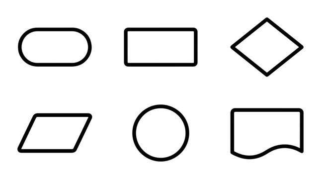Basic Flowchart Shapes, Vector Icons Set: Oval, Rectangle, Diamond, Parallelogram, Circle, Wavy Rectangle