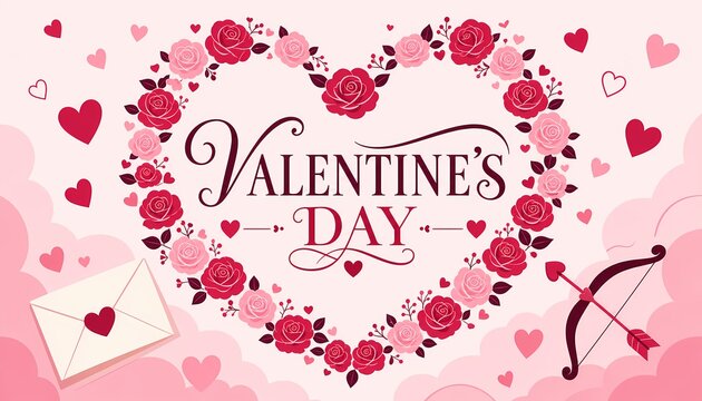 Floral heart ornament surrounds valentine s day typography in a pink vector illustration roses valentines romance affection greeting card love celebration red letter envelope