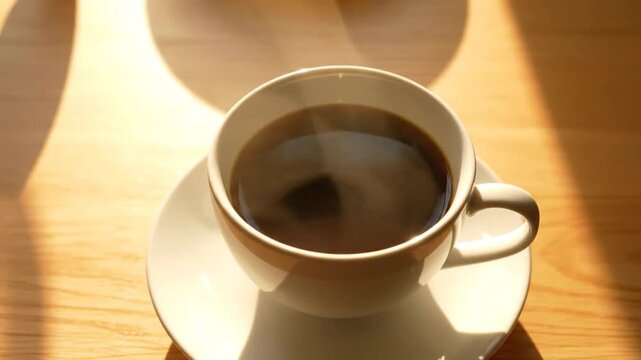 Steaming Coffee Cup on a Wooden Table: A white ceramic cup filled with dark, hot coffee sits on a matching saucer, with steam gently rising in the warm, sunlit atmosphere.