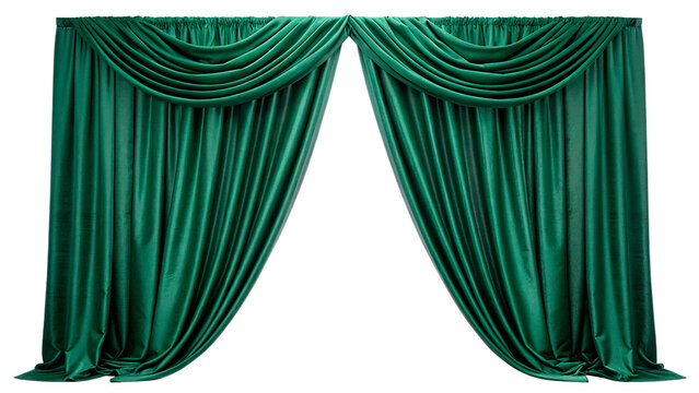 Elegant luxury dark green velvet theater curtains open stage drapery isolated on transparent background