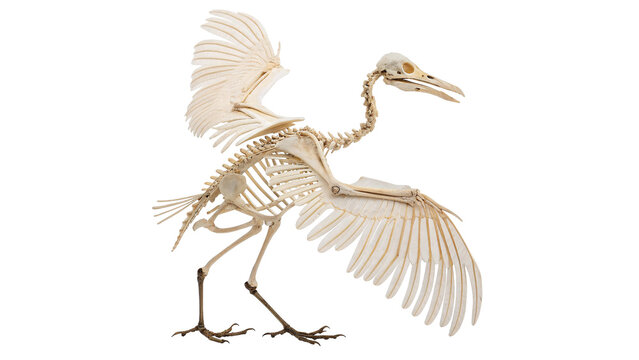Full complete white bone skeleton of prehistoric bird or dinosaur isolated on transparent background