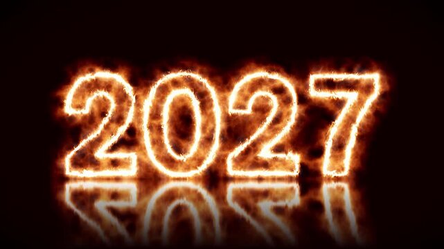 Video animation of an abstract fire with the year 2027 on a reflective floor - represents the new year - happy new year concept - seamless loop.