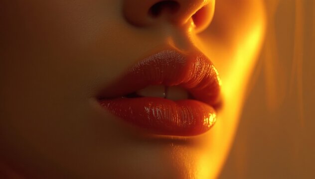 Sensual closeup of glossy red lips illuminated by dramatic golden light, creating an intimate beauty and luxury atmosphere.