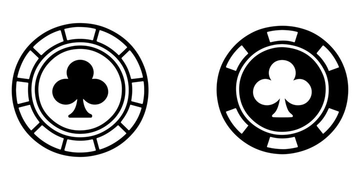 Poker chip icon set with filled, flat, and line styles for casino gaming, betting, and card design.