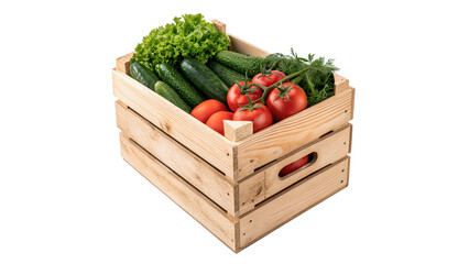 Wooden crate filled with fresh organic vegetables including cucumbers tomatoes and herbs isolated on transparent background © Thomas Blake