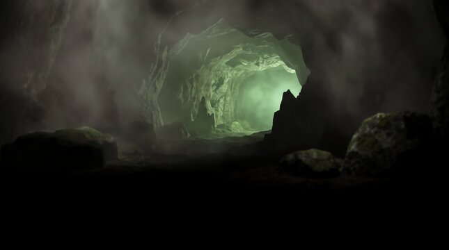 cave tunnel filled with glowing green mist in dark eerie cavern landscape