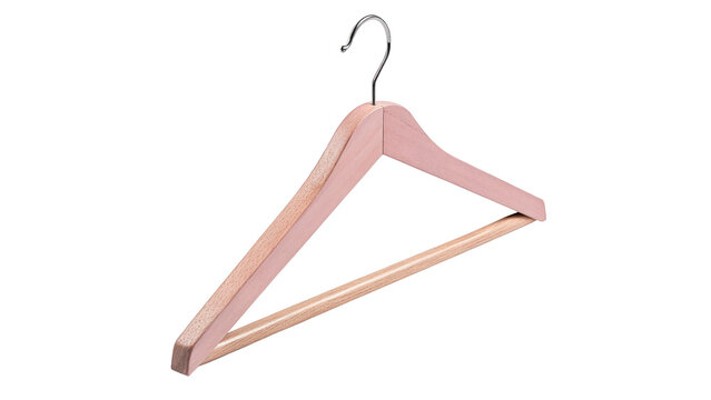 Simple pink wooden clothes hanger with shiny metal hook for wardrobe isolated on transparent background