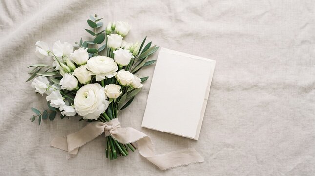 White Rose Bouquet Beside Blank Condolence Card on Soft Fabric