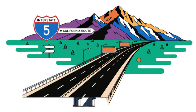 Very beautiful realistic vector of an American interstate highway sign featuring California mountains, green valleys and a modern divided roadway, INTERSTATE 5 &bull; CALIFORNIA ROUTE, vibrant colors, isol