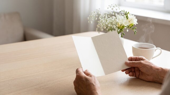 Hands Opening a Blank Greeting Card Beside Tea and White Flowers