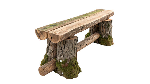 Small rustic garden bench made of natural tree logs and wood isolated on transparent background