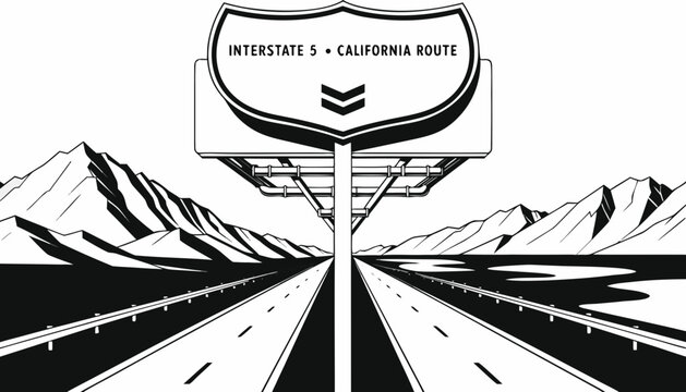 Very beautiful black and white realistic vector of an American interstate highway sign featuring California mountains, green valleys and divided roadway, INTERSTATE 5 &bull; CALIFORNIA ROUTE, detailed line