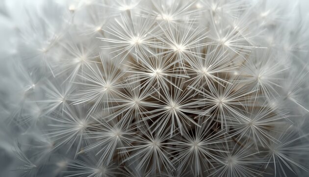 Dappled white fluffy dandelion seeds sphere macro texture background