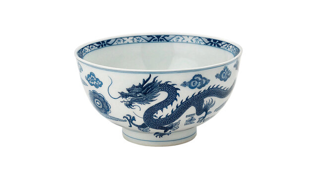 Traditional ceramic bowl with blue Chinese dragon pattern for Asian cuisine isolated on transparent background