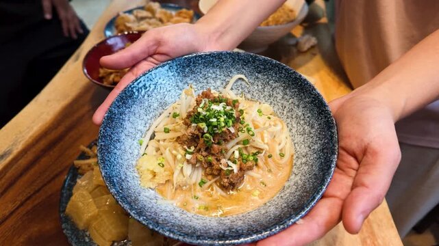 Taiwanese Sesame Noodles with Minced Pork Served in Blue Bowl