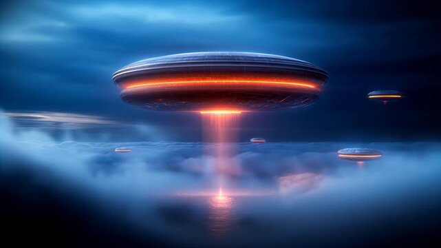 Futuristic flying saucers hover above storm clouds while a glowing red beam descends through the night sky