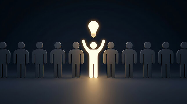 Bright glowing stick figure with a shining lightbulb standing out from the crowd