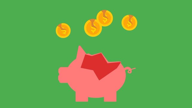 Broken piggy bank with money flying away, representing bankruptcy, financial decline, debt, and economic hardship.