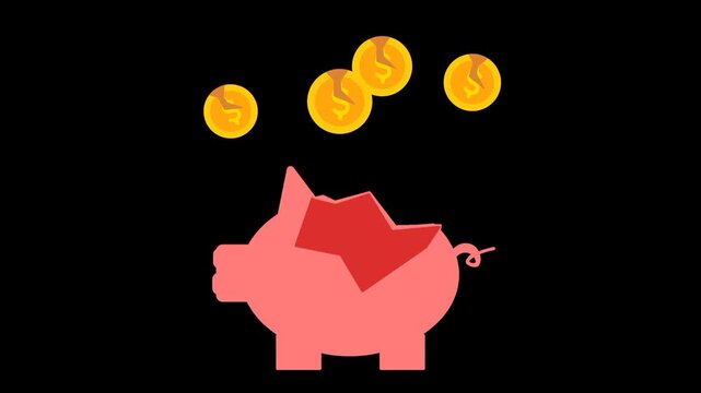 Broken piggy bank with money flying away, representing bankruptcy, financial decline, debt, and economic hardship.