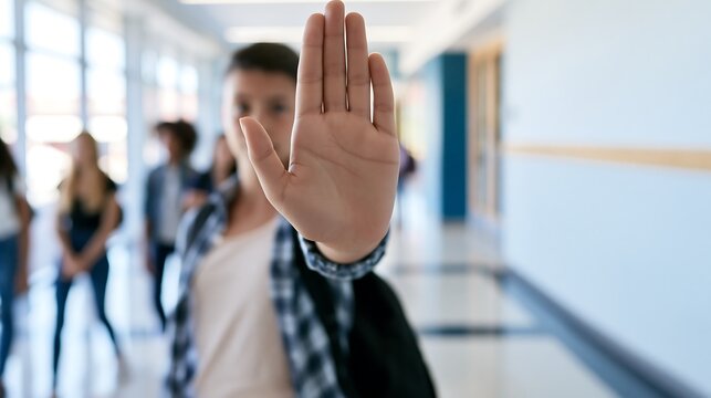 Teen student shows an open palm stop gesture in a busy school hallway, representing bullying prevention, personal boundaries, student protection and a safe educational environment