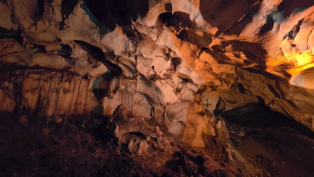 Intricate prehistoric cave ceiling and stalactite structures highlighted by warm artificial glow