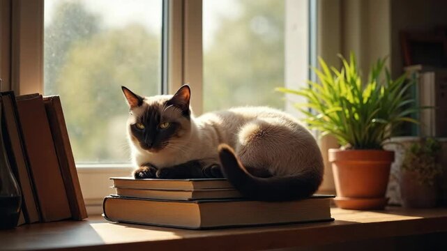 A beautiful Siamese cat rests peacefully on books by a sunny window, enjoying the warm light.