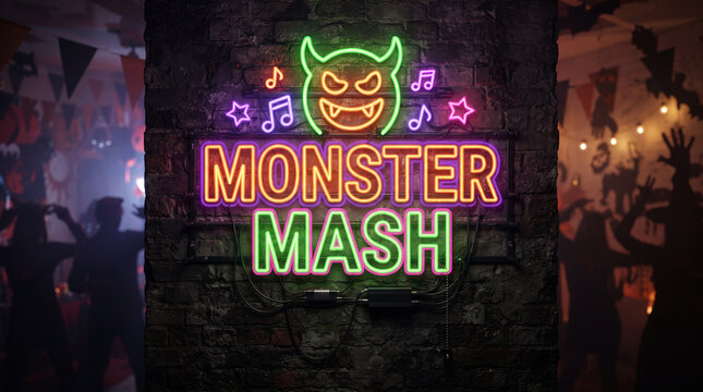 Monster Mash neon sign on brick wall, glowing Halloween party decoration, spooky dance club event signage isolated on White Background