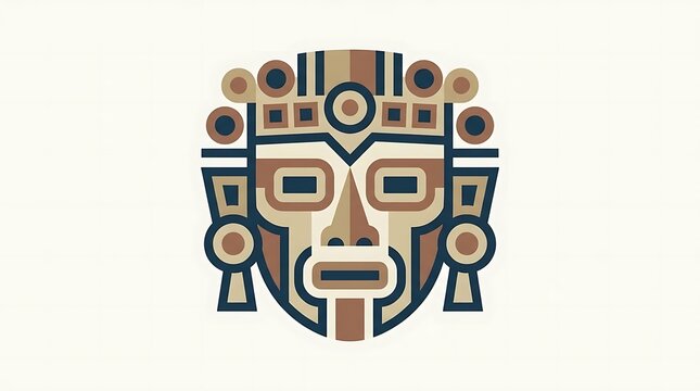 Geometric tribal mask icon with brown and blue accents.