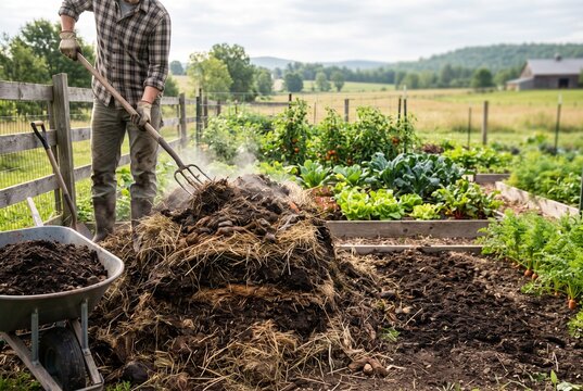Man turning horse manure compost in a garden with lush greenery  