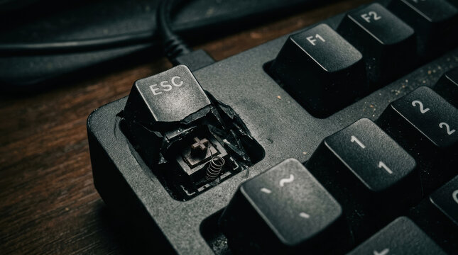 Broken key on keyboard close up showing damaged escape button with spring exposed symbolizing workforce mental health challenges