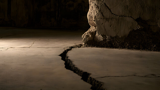 Concrete flooring with extensive splits and a shattered cement wall in a poorly lit space, revealing signs of earthquake damage and structural weakness.