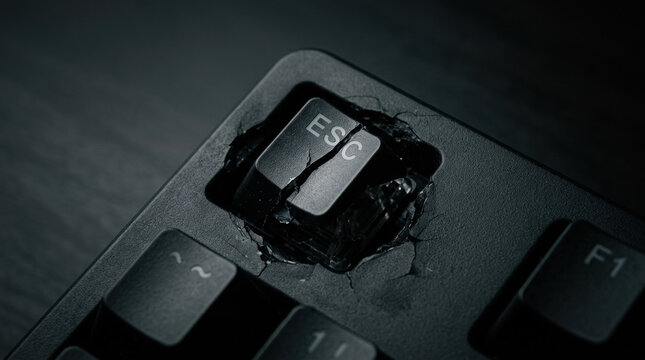 Broken escape key on black keyboard symbolizing mental stress and workforce challenges in dark setting