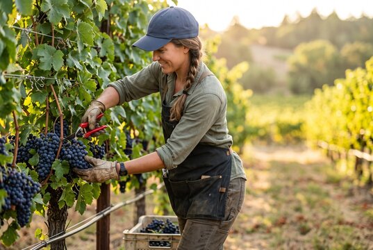 Young woman harvesting grapes in vineyard during autumn season  