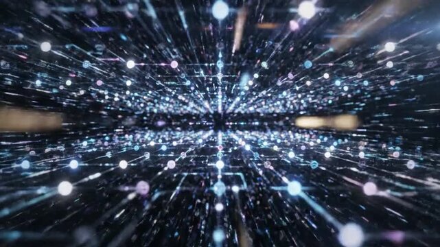 Abstract Digital Network Visualization: A mesmerizing 3D rendering of a digital network, with glowing nodes and light trails creating a sense of infinite data flow and connectivity.